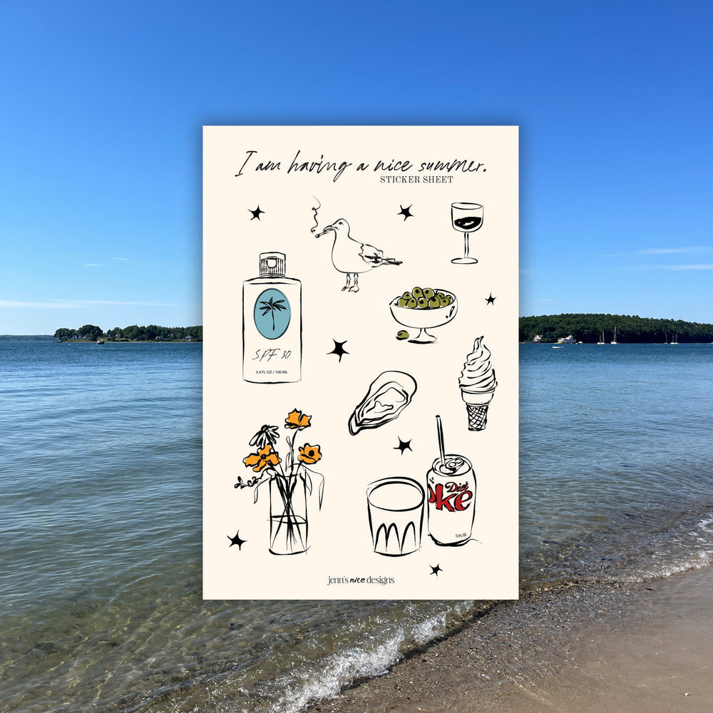 Poster with illustrations and text on a beach with ocean view