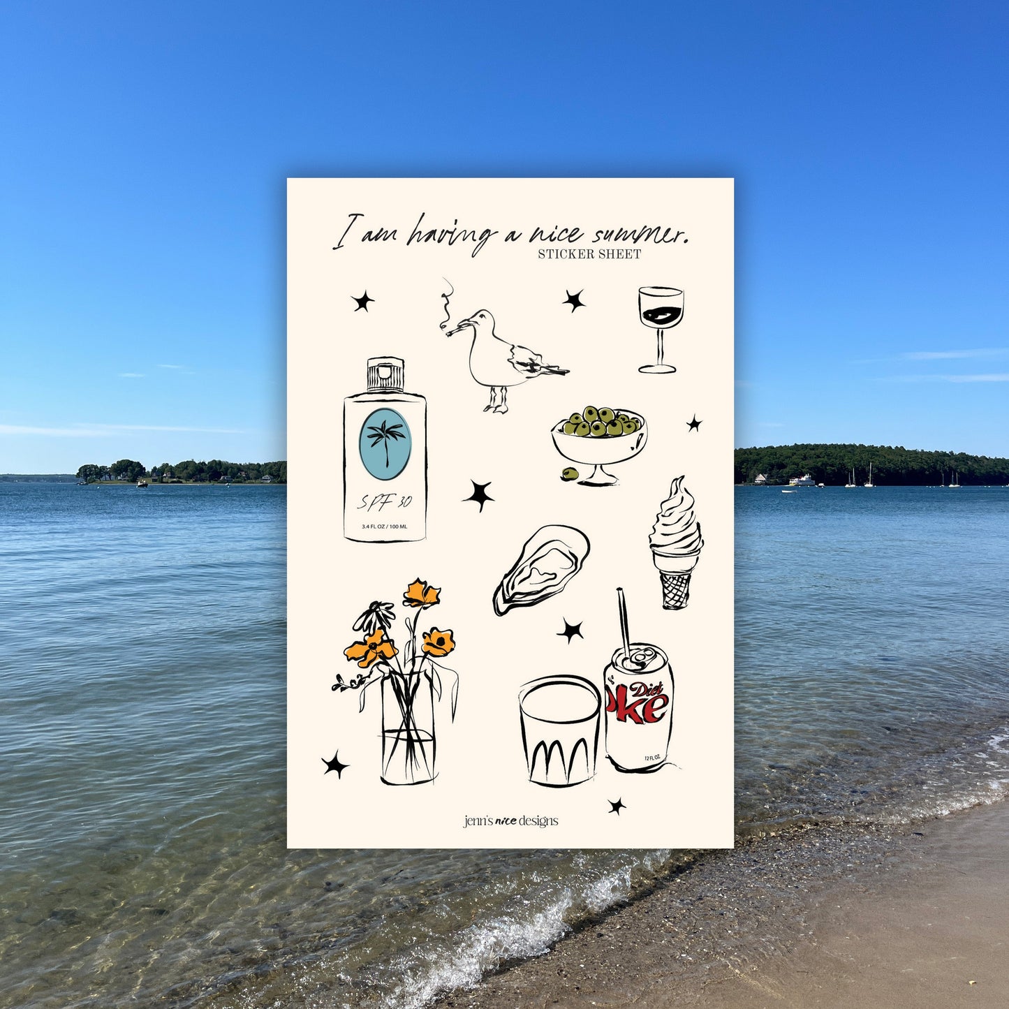 Poster with illustrations and text on a beach with ocean view